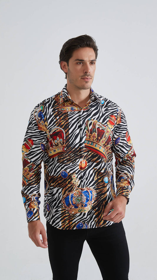 Camicia comfort a fantasia animalier con corone