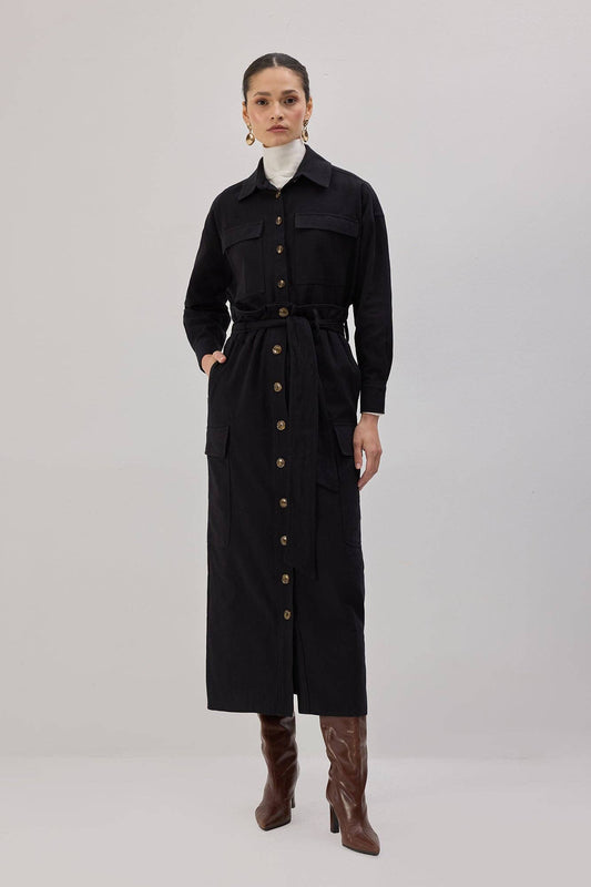 Abito chemisier cargo lungo nero in cotone