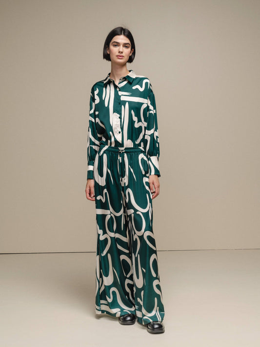 Pantaloni palazzo con stampa astratta e vita elasticizzata