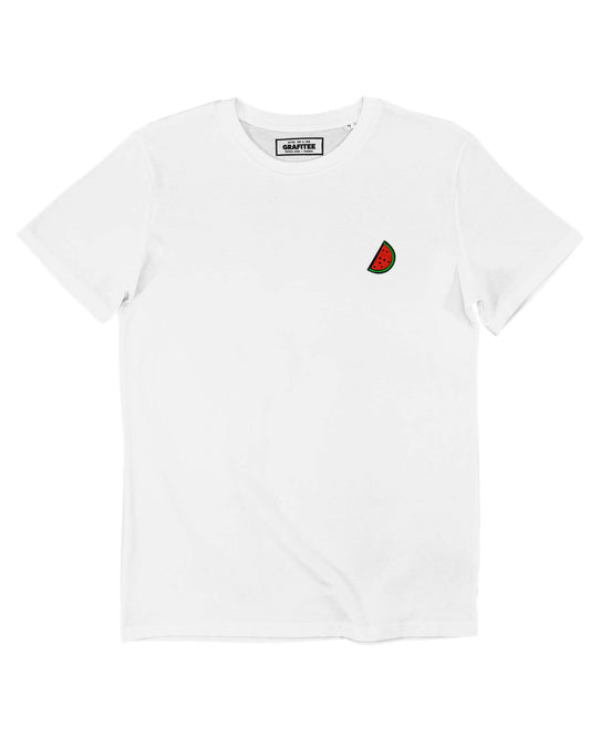 T-shirt bianca con anguria ricamata in cotone biologico