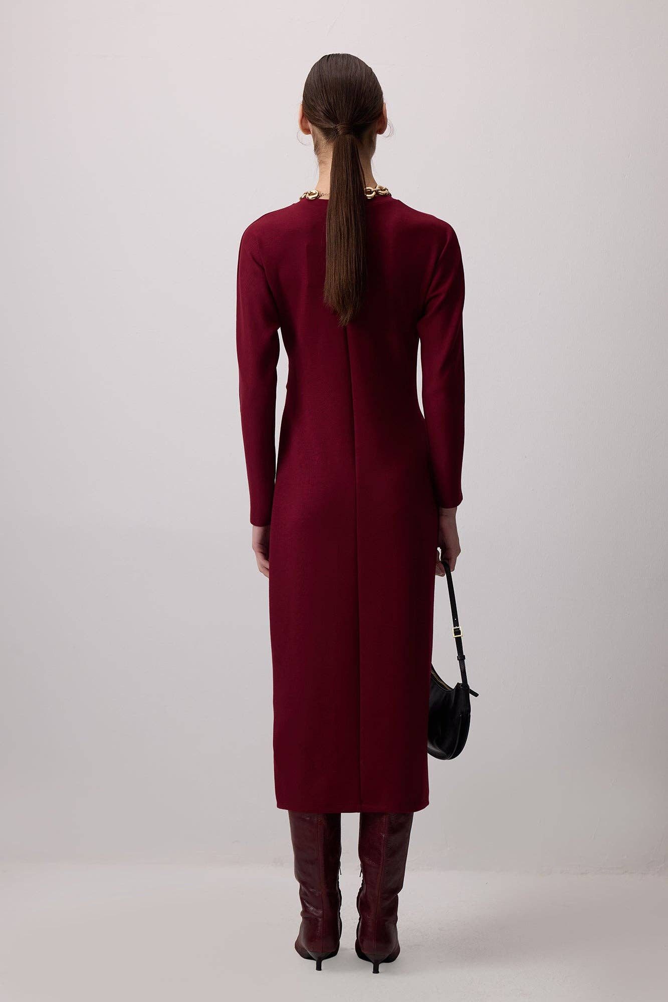 Abito midi bordeaux con nodo frontale in misto viscosa