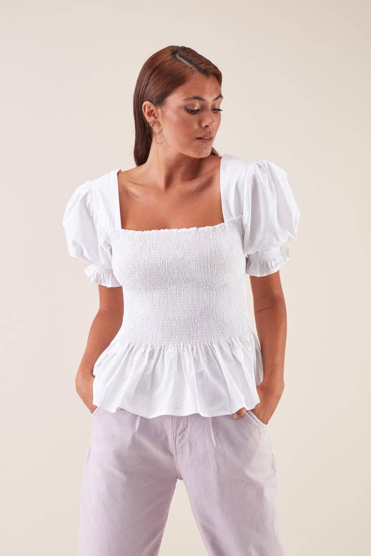 Blusa elasticizzata con scollo quadrato e maniche a sbuffo