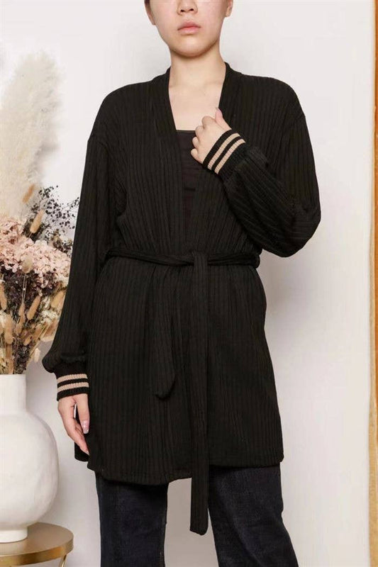 Cardigan lungo a coste con cintura