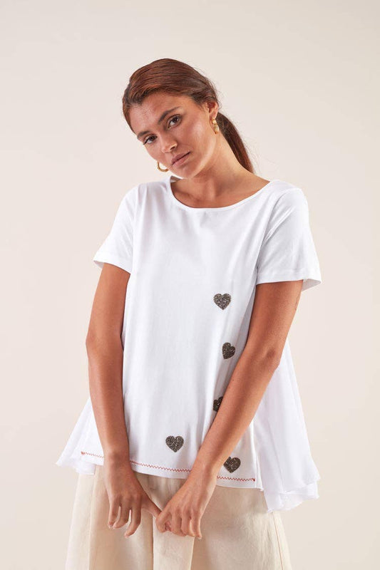 T-shirt bianca con cuori glitter