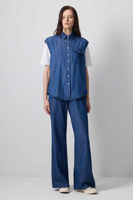 Gilet denim senza maniche oversize con bottoni