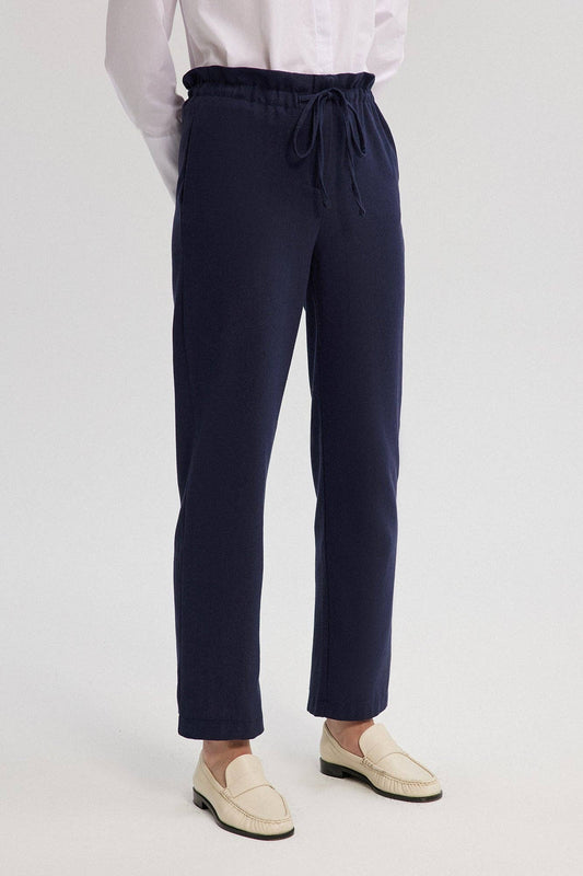 Pantaloni donna blu navy in misto lino con vita elasticizzata