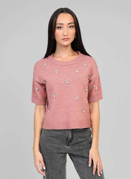Maglione rosa Nelida con strass e perle