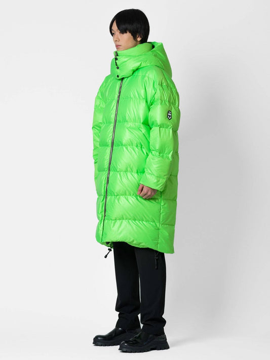 Parka lungo oversize verde fluo con cappuccio removibile