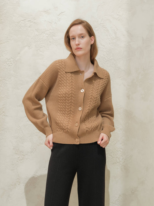 Cardigan polo in misto cashmere con trecce
