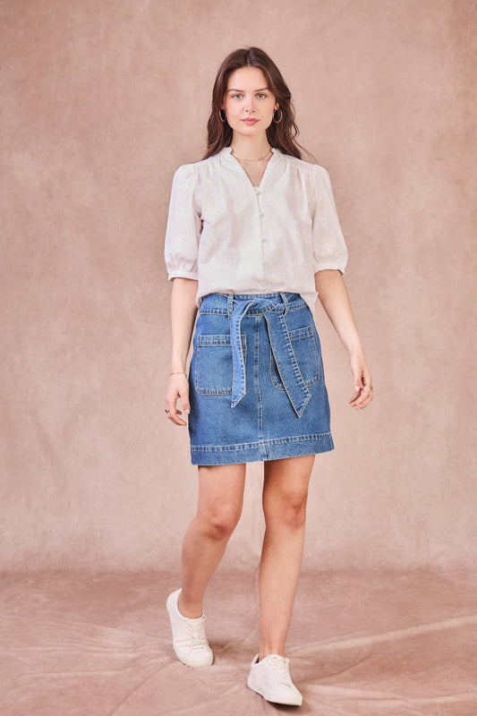 Gonna denim in cotone a vita alta con cintura