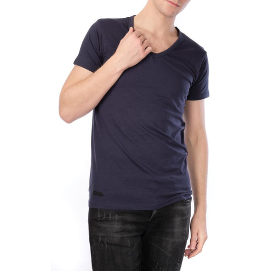 T-shirt Uomo Blu Navy Scollo a V in Cotone