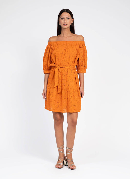 Abito corto off-shoulder in cotone sangallo arancione