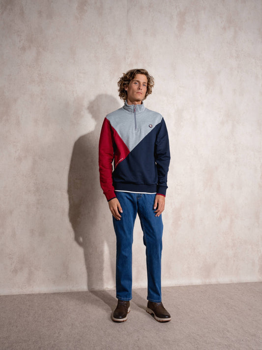 Felpa uomo color block con mezza zip