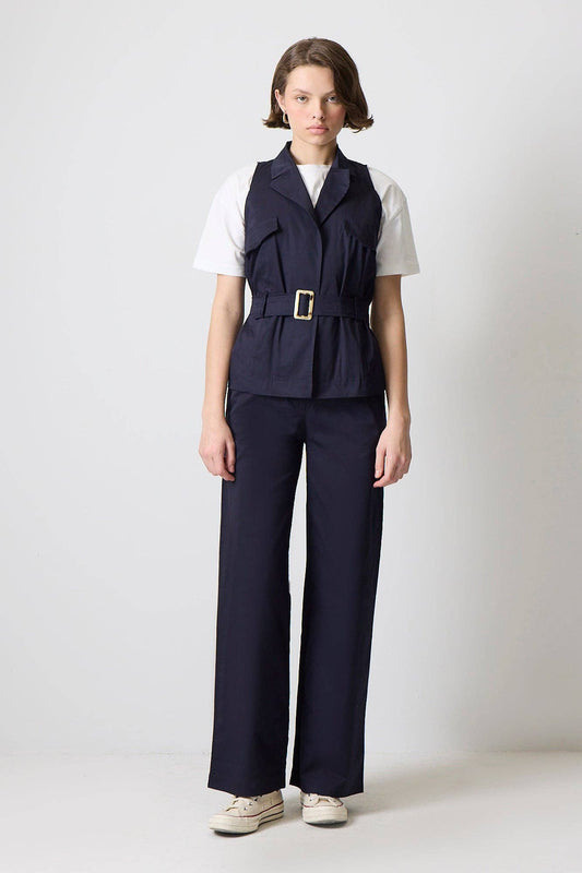 Completo donna in cotone blu navy con gilet con cintura e pantaloni palazzo