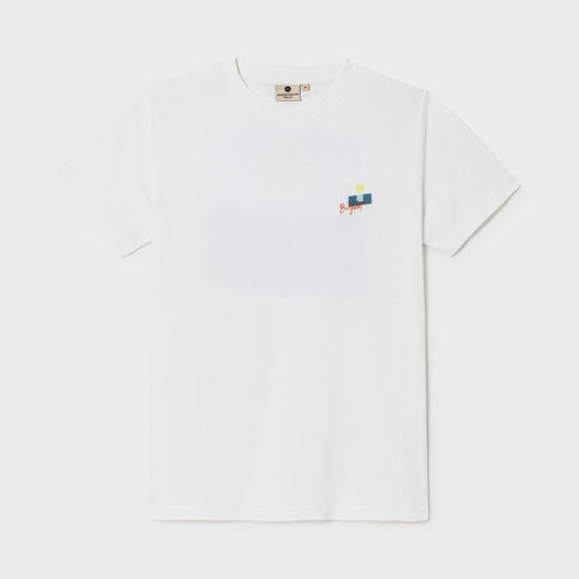 T-shirt vintage in cotone biologico con stampa tramonto bianca