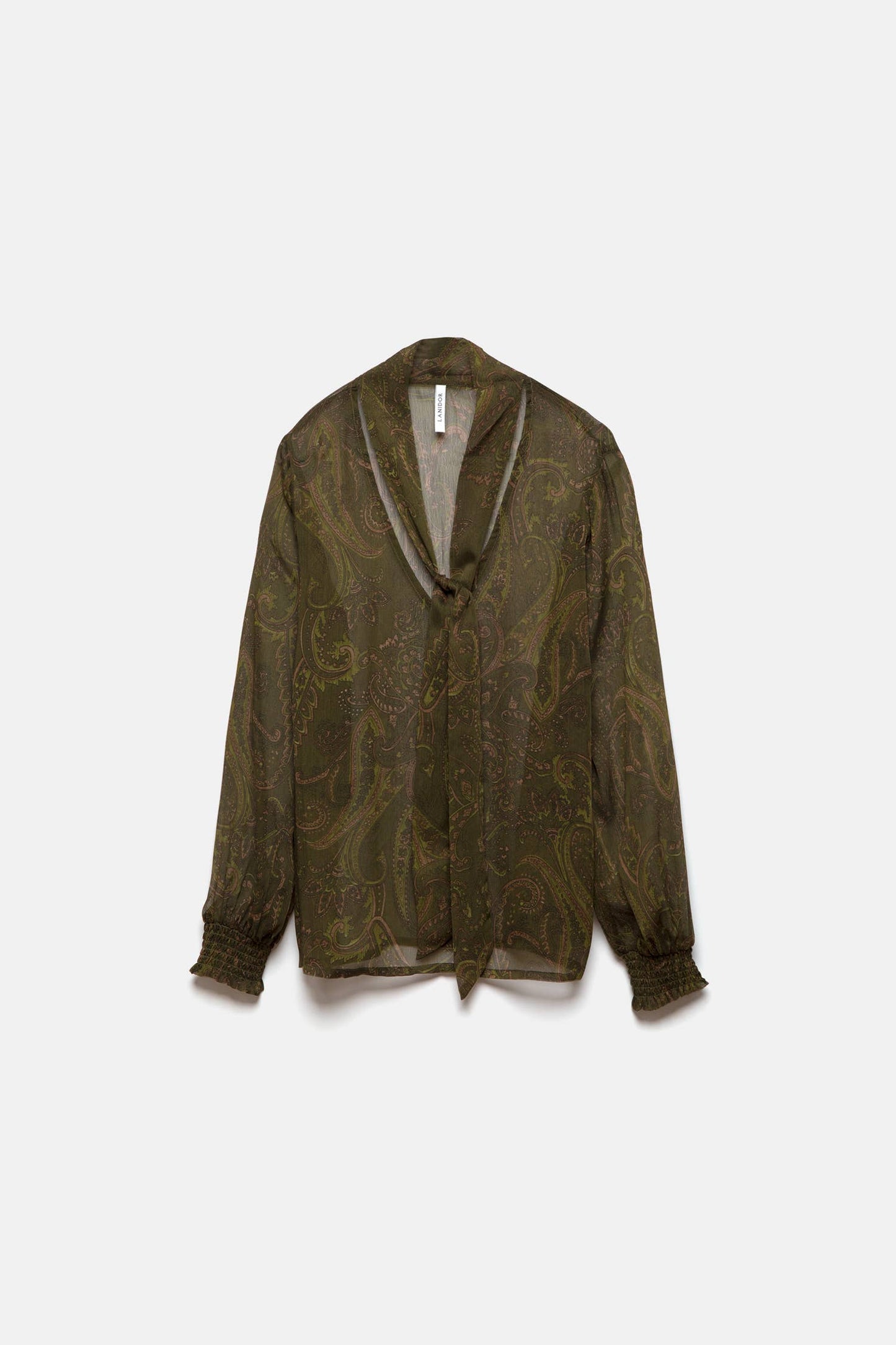 Blusa semitrasparente stampata con laccio al collo
