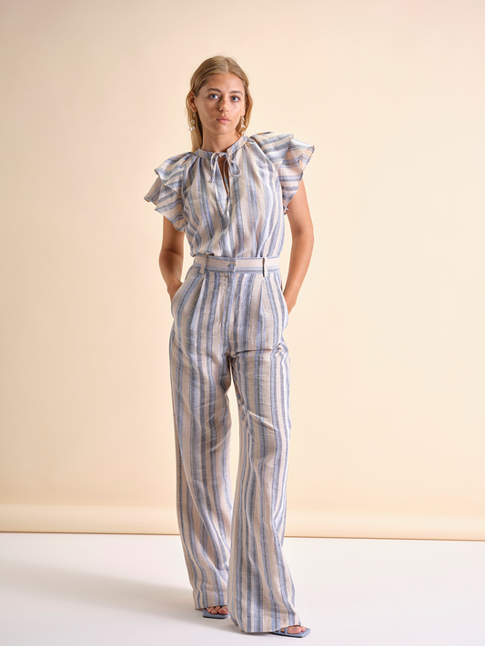 Pantaloni relaxed a righe sottili in cotone e lino