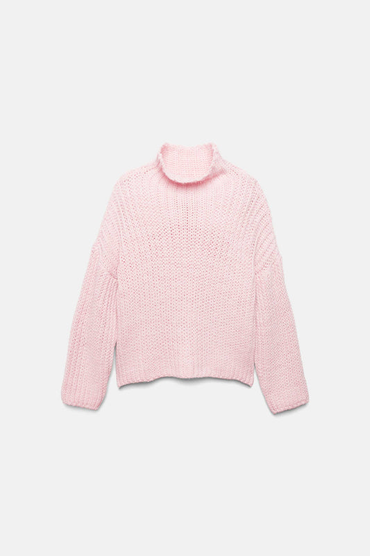 Maglione a trecce con collo alto rosa