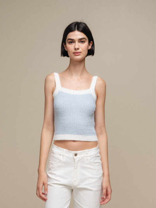 Top in maglia effetto fluffy bicolore