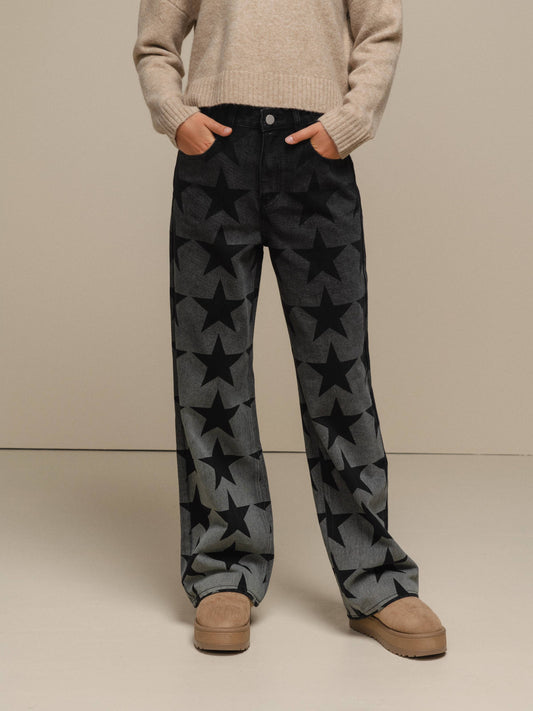 Jeans donna a gamba ampia con stampa stelle