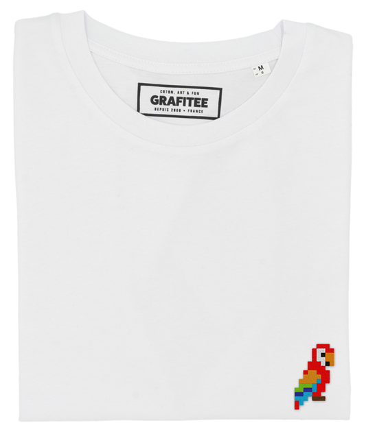 T-shirt bianca con pappagallo ricamato in cotone biologico GOTS