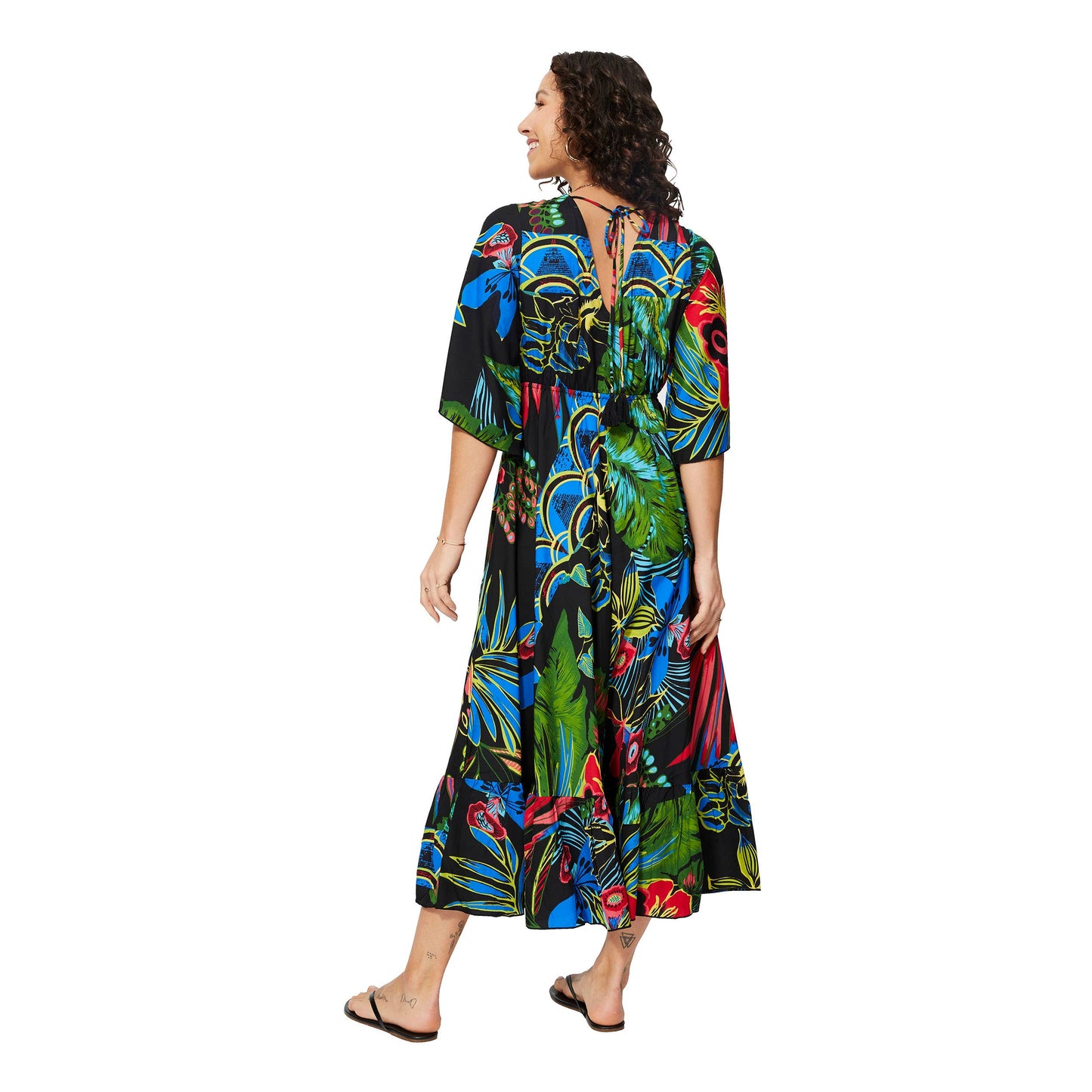 Abito estivo lungo boho con maniche a 3/4 e stampa tropicale