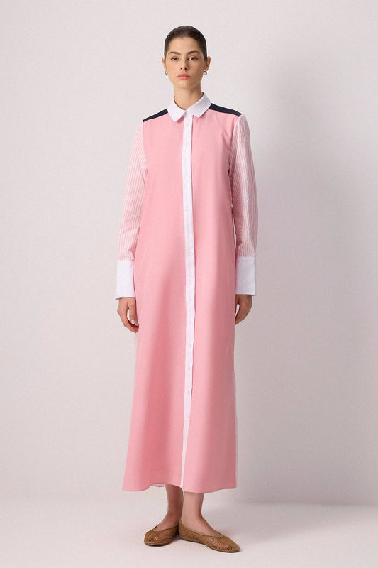 Abito camicia maxi bicolore a righe in cotone misto