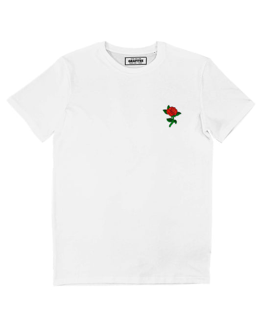 T-shirt bianca con rosa ricamata in cotone biologico