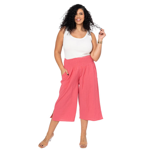 Pantaloni culotte estivi in misto lino plus size da donna rosa