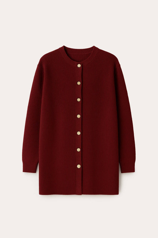 Cardigan lungo bordeaux con bottoni dorati