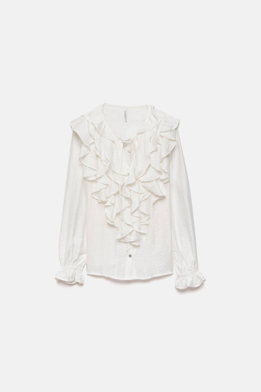Blusa bianca con volant e laccio al collo