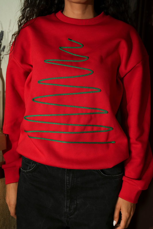 Felpa natalizia unisex rossa con albero stilizzato