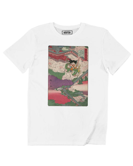 T-shirt unisex bianca con stampa Goku e Shenron