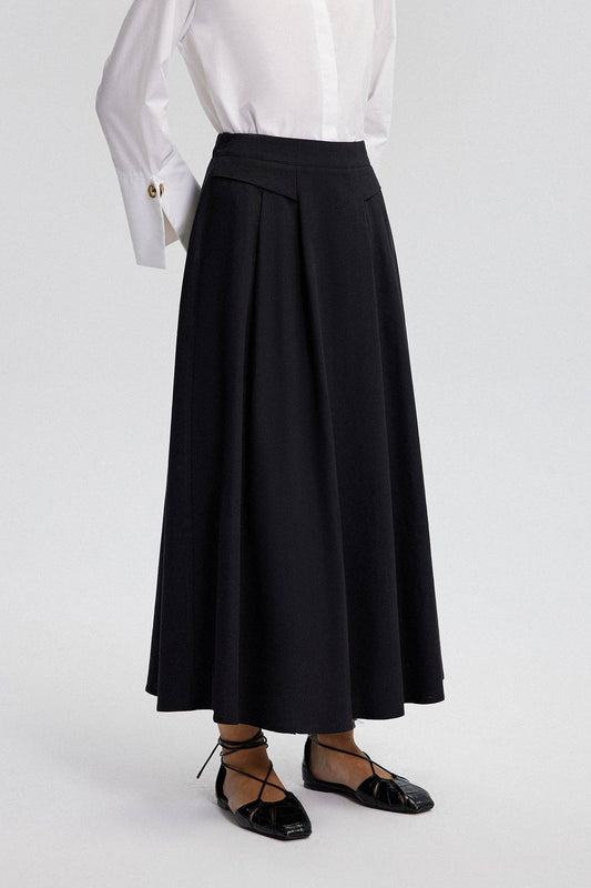 Gonna longuette nera in misto lino a vita alta