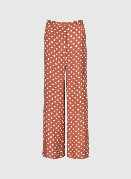 Pantaloni flare a pois caramello a vita alta