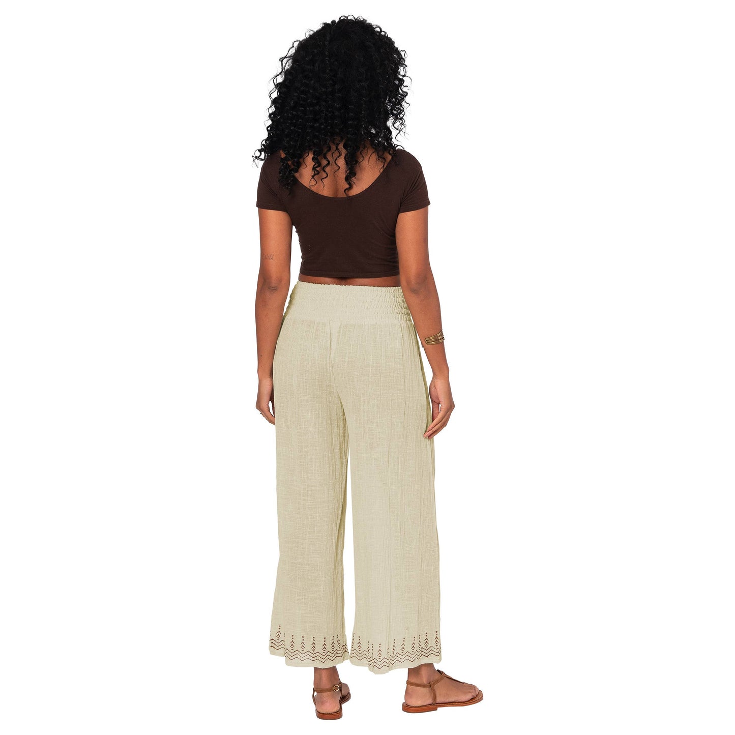 Pantaloni estivi boho in cotone a gamba ampia con vita arricciata