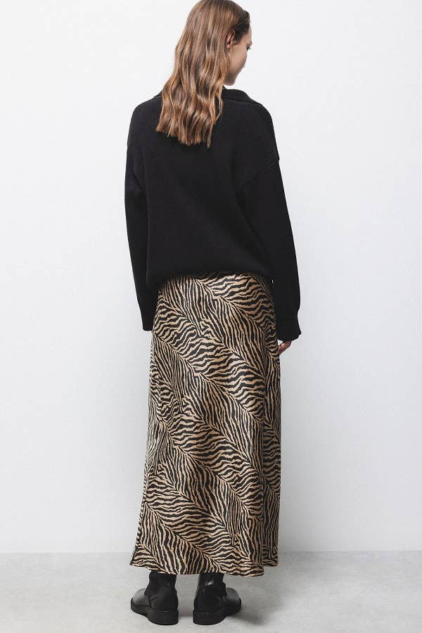 Gonna midi in raso animalier con vita elasticizzata
