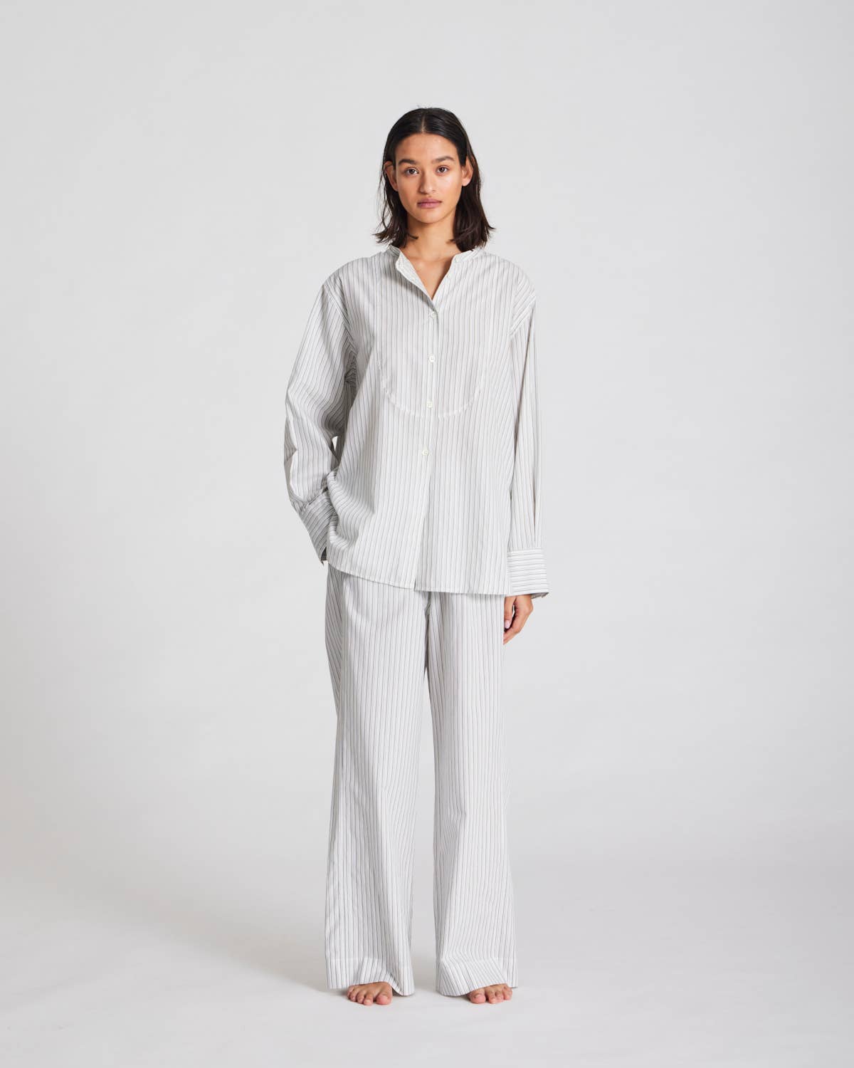 Camicia Beate in cotone biologico a righe sottili blu