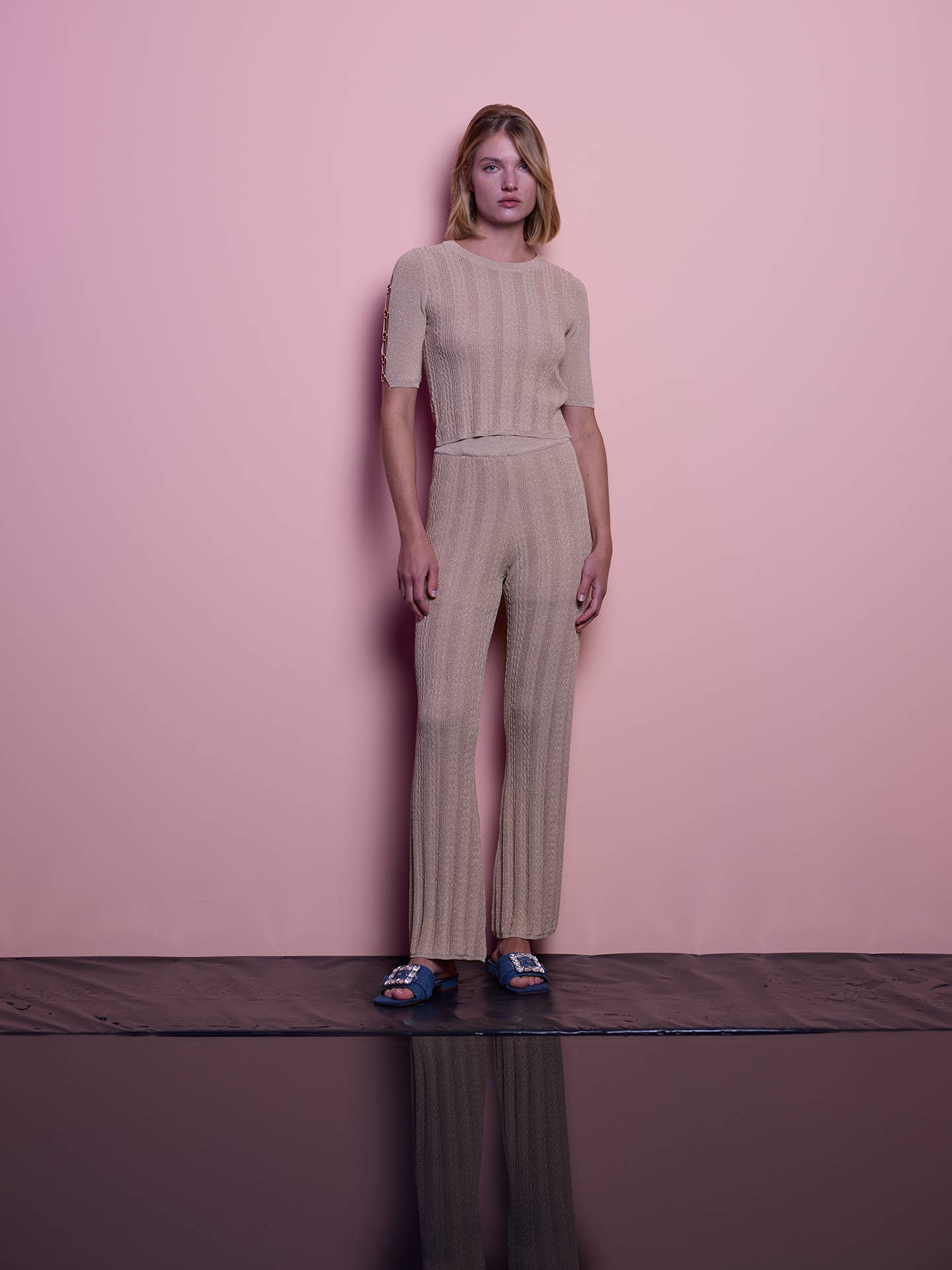 Pantaloni in maglia lurex a coste