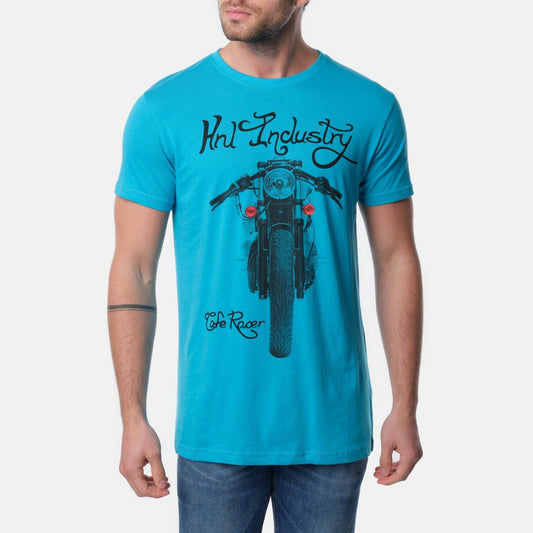 T-shirt uomo turchese in cotone con stampa moto