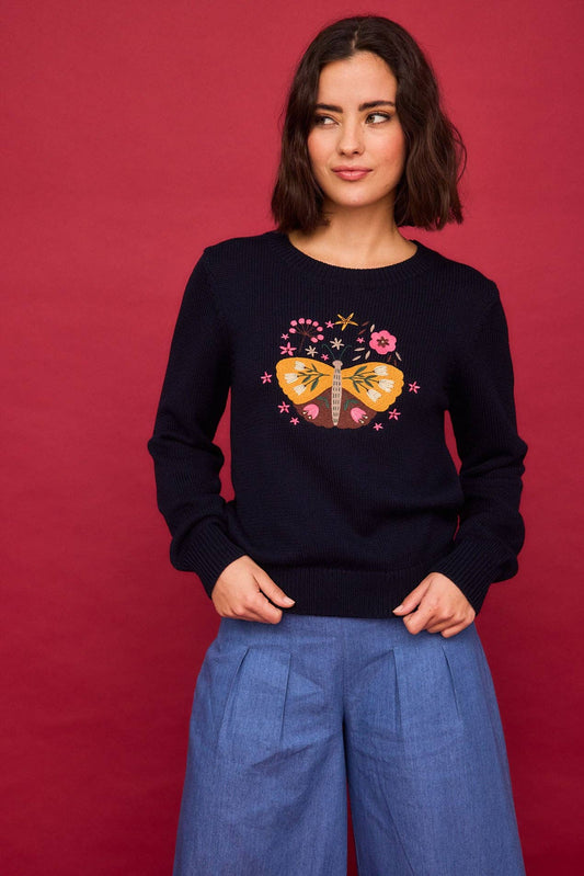 Maglia girocollo blu navy con ricamo farfalla