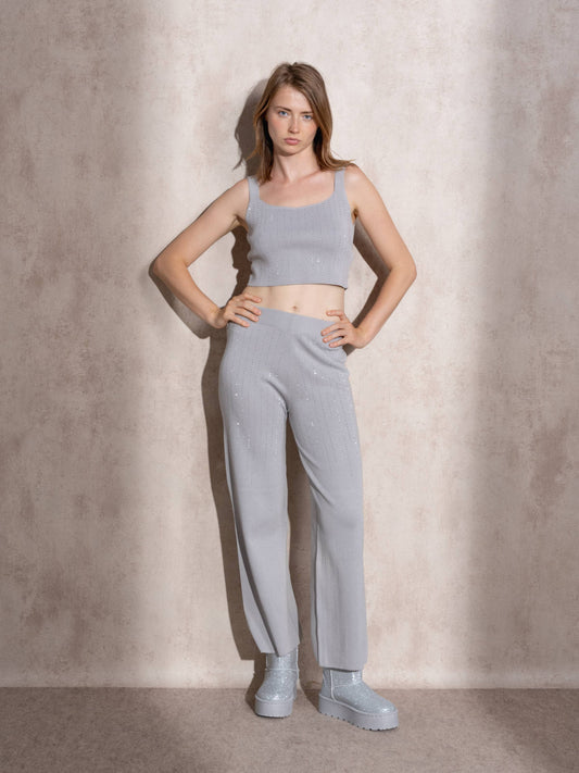 Pantaloni a vita alta in maglia con glitter