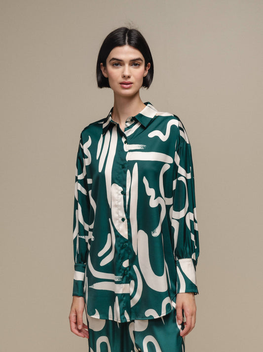 Camicia donna satinata fantasia astratta verde
