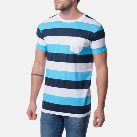 T-shirt uomo a righe turchese e blu con taschino