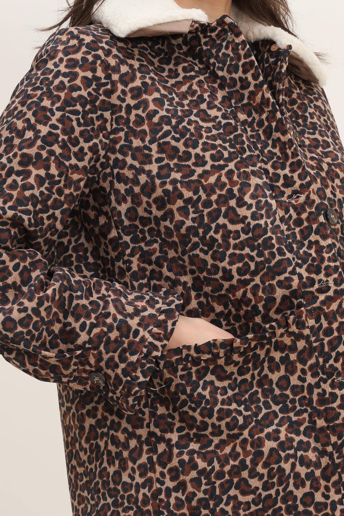Giacca in velluto leopardata con collo in ecopelliccia removibile