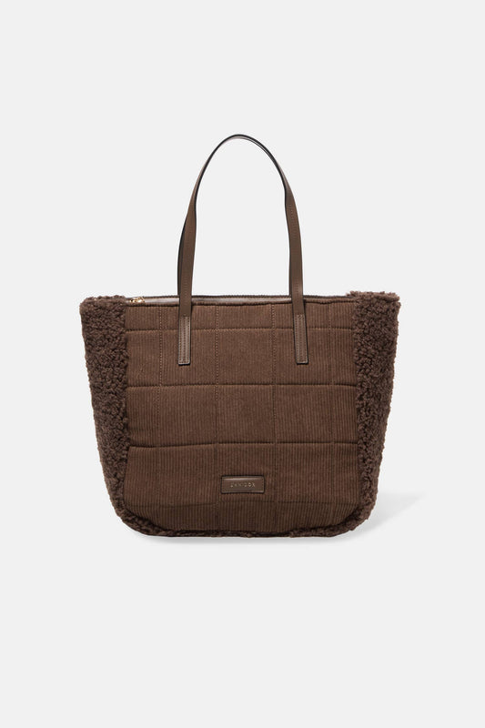 Borsa tote in velluto a coste con inserti in eco pelliccia