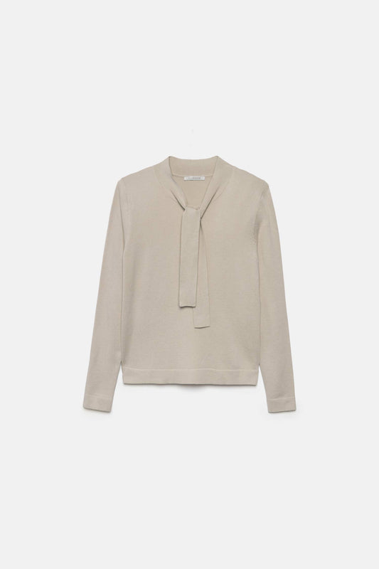 Maglione in maglia rasata con fiocco e scollo a V