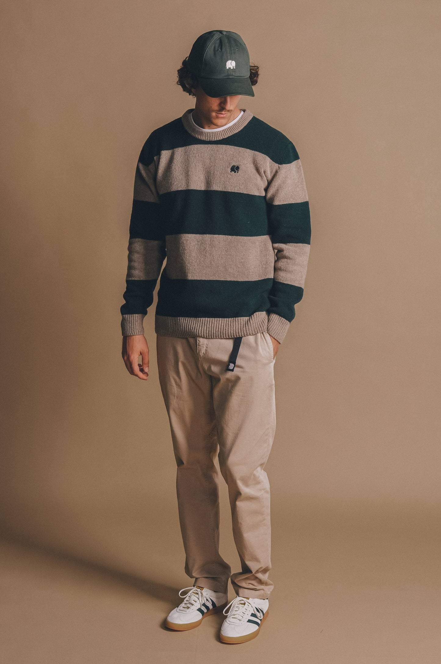 Maglione Sella a righe in lana merino verde pino e marrone