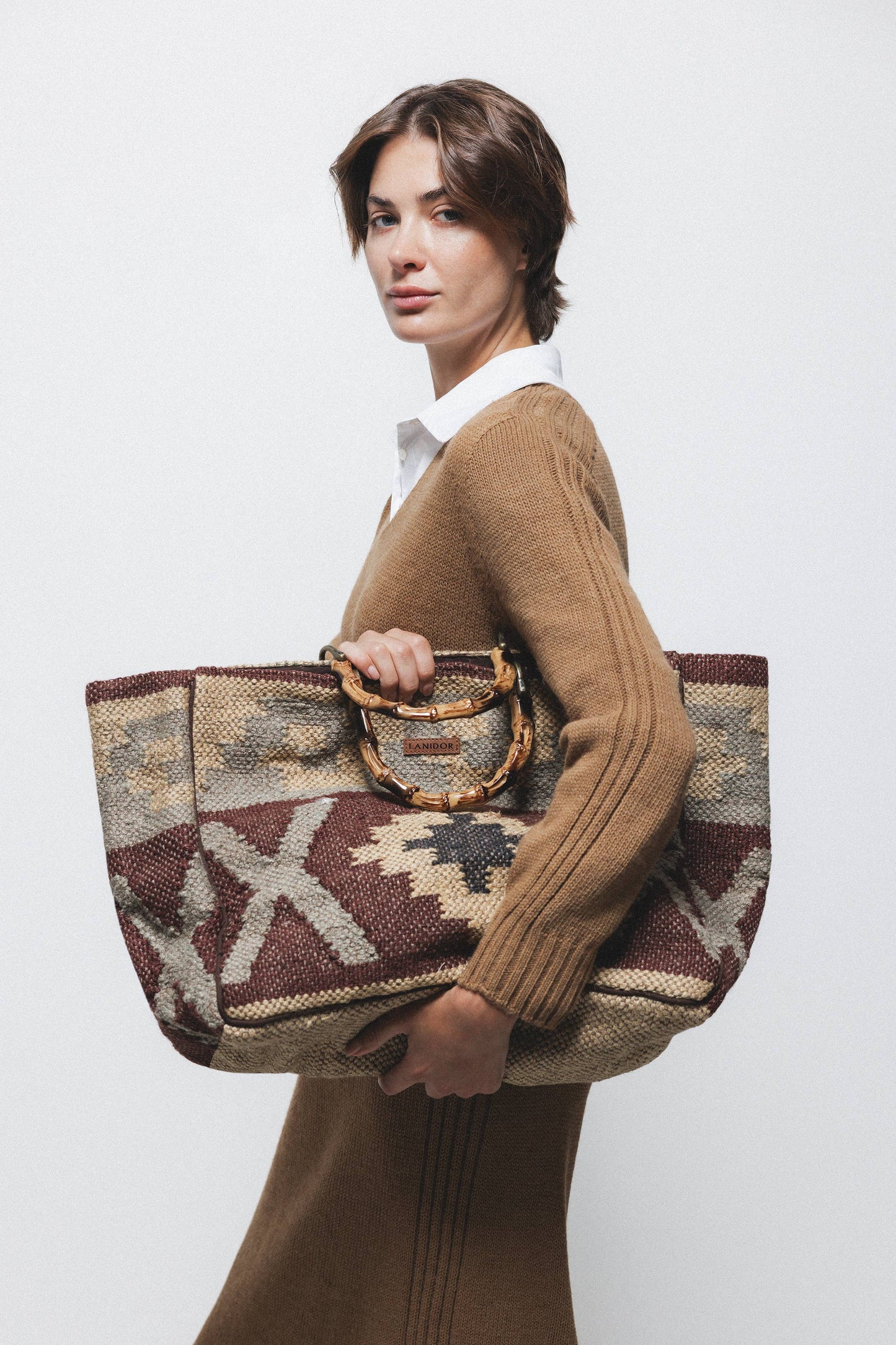 Borsa shopper rustica con manici effetto bambù