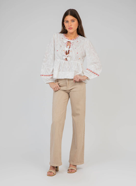 Camicia Servane ecru in voile di cotone con fiocchi